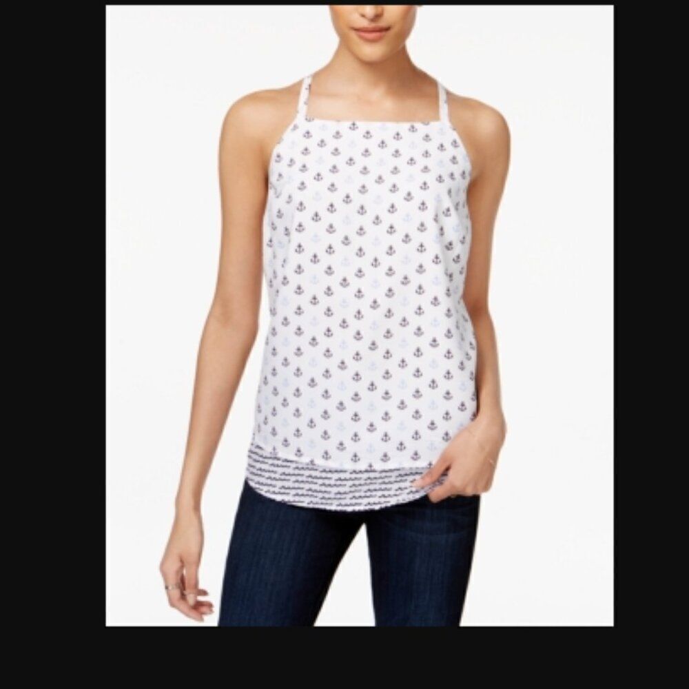 Maison Jules Bright White Blue Combo Anchor-Print Layered-Hem NWT